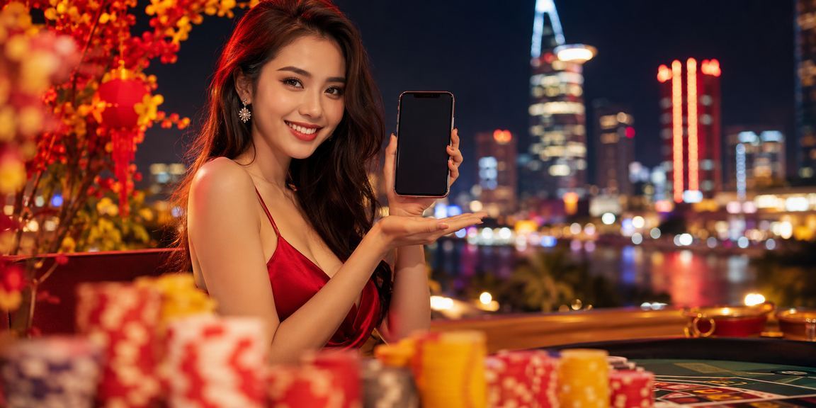 Khung cảnh neon rực rỡ tại TP.HCM với người chơi truy cập casino trực tuyến trên màn hình di động